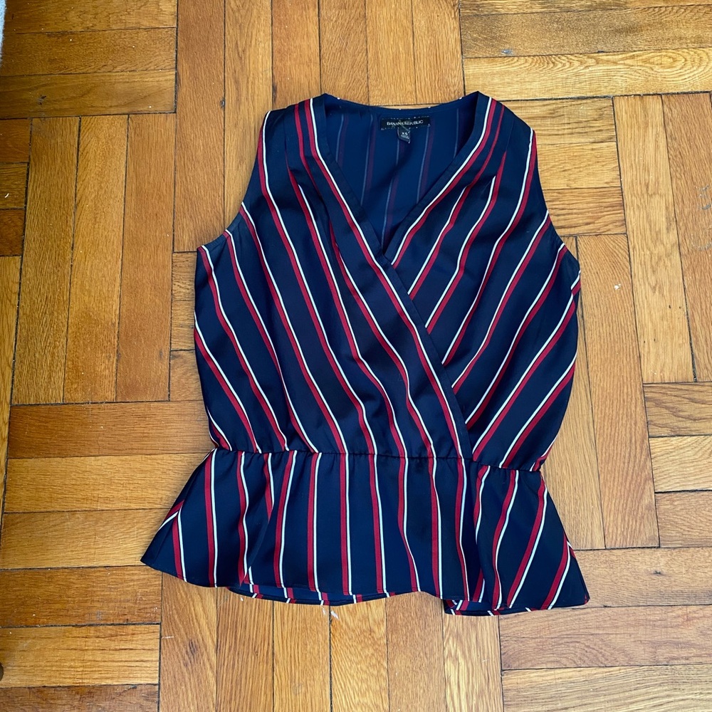 Banana Republic Sleeveless Elle Wrap Top in navy/ red - white striped - XS